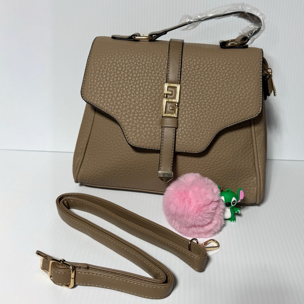 NWT Taupe Handbag with Crossbody Strap and FREE Stitch and Pom Pom Bag Charm